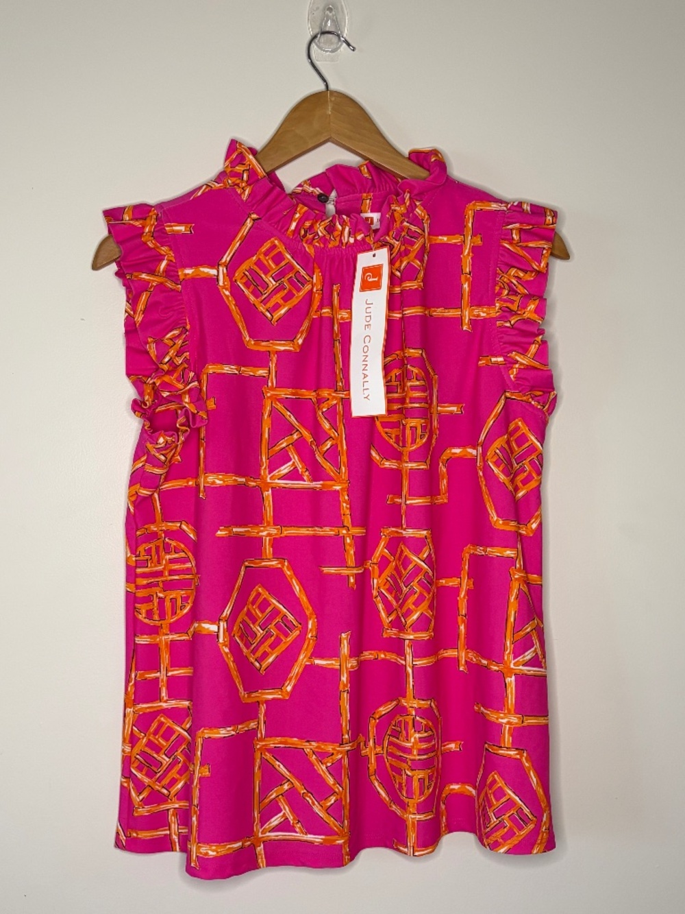 Jude Connally Pink Orange Print Ruffle Sleeve Top NWT Resort Preppy - Picture 2 of 5